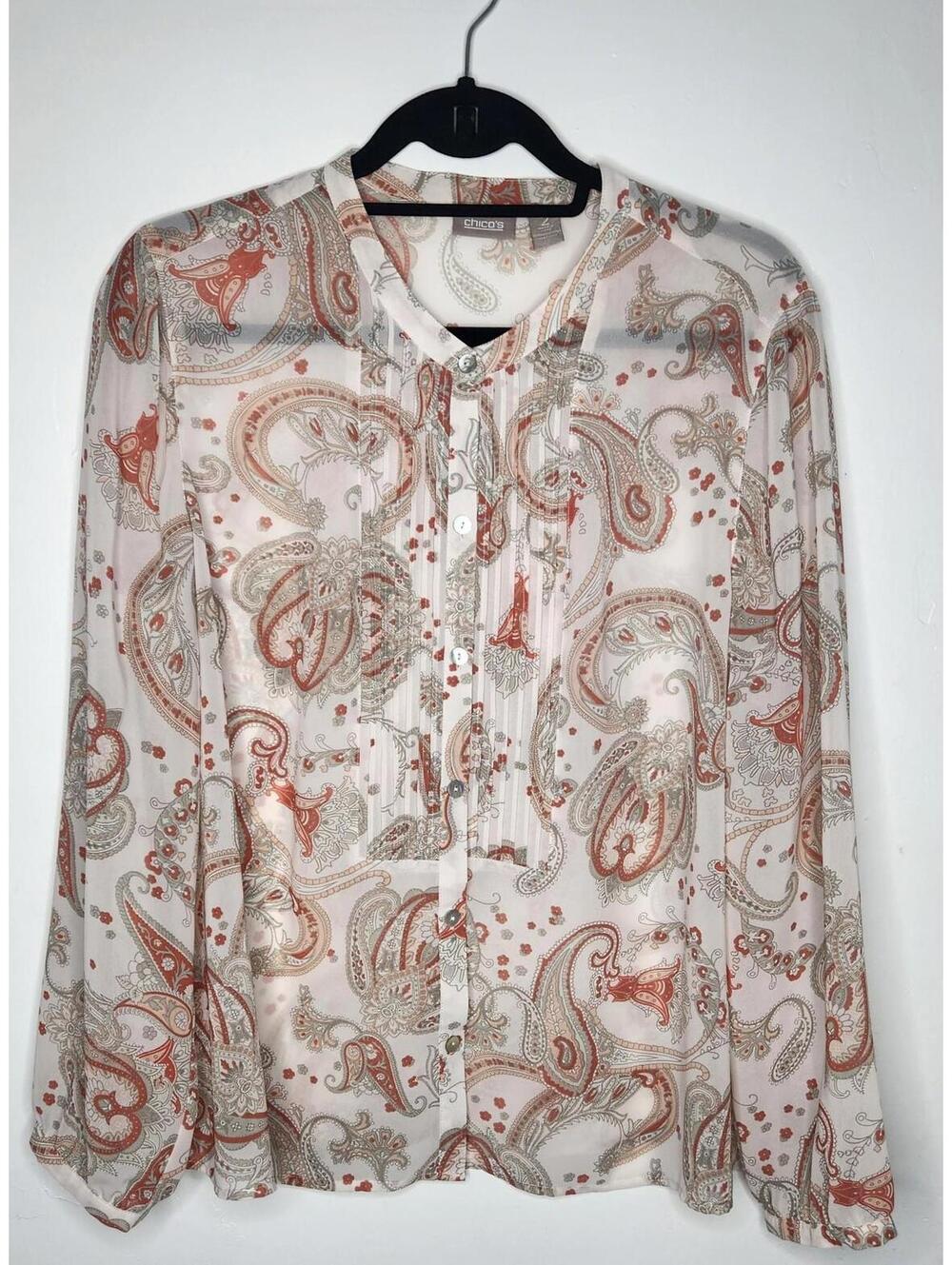 Chico's Blouse Womens Large Cream Coral Paisley Sheer Button Front Pintuck Top